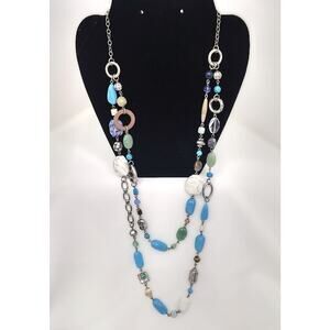 Lia Sophia Double Strand Necklace Geyser Beaded Gemstones Silver Tone Metal Boho